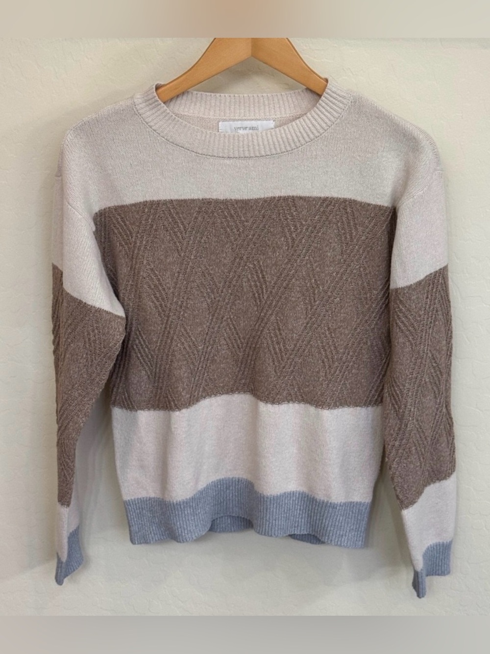 Verve Ami Colorblock Stripe Diamond Cable Knit Crewneck Sweater Size S